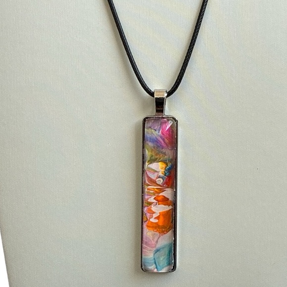 Rainbow Fluid Art Bar Pendant Cord Necklace Handmade by Svetlana Yeung - Picture 4 of 9